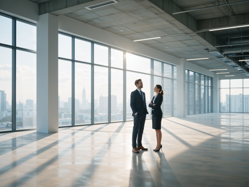 商务沟通场景，两位商务人士在现代办公室环境中讨论合作事宜，明亮自然光背景
